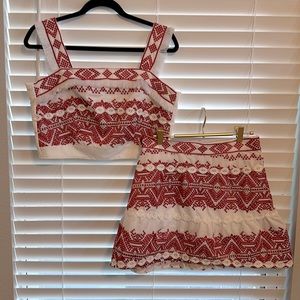2pc red/white stitched detail skirt/crop set sz M/L